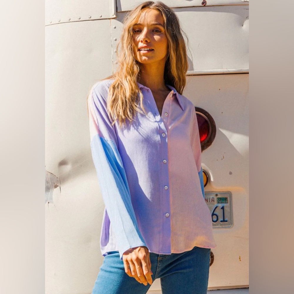 LONG SLEEVE COLORBLOCK BUTTON UP TOP